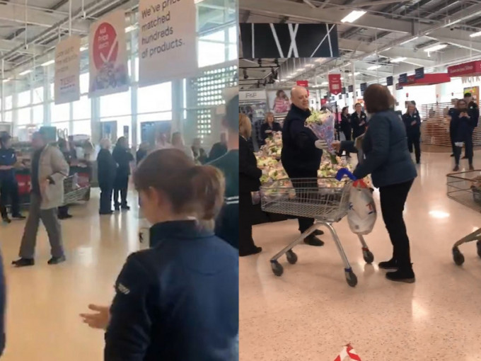 英国有超市特设医护优先购物时段，员工列队拍掌或送花致敬。(网图)