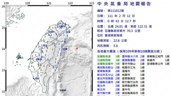 地震发生在午夜全湾皆感震动。图：台湾中央气象局