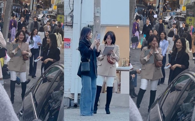 宋慧乔一身时尚造型在首尔街头拍新剧。