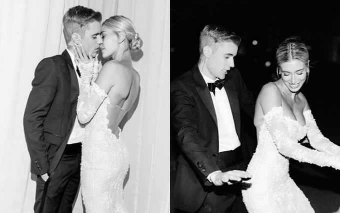 Justin夫婦各自貼上最愛的婚照慶祝。