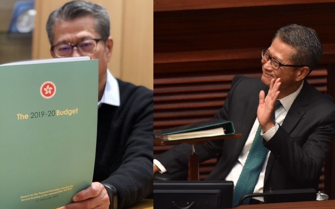陈茂波戴上绿色领带，配合《预算案》粉绿色为封面。郭显熙摄、资料图片
