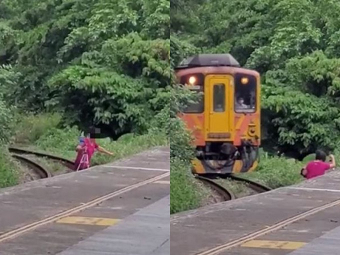 該名婦人擅闖台鐵路軌自拍，險被列車撞到。網圖
