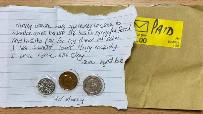 一名六歲半小球迷寄信予史雲頓，表示交完學校膳食費後無錢購票入場支持球隊。網上圖片