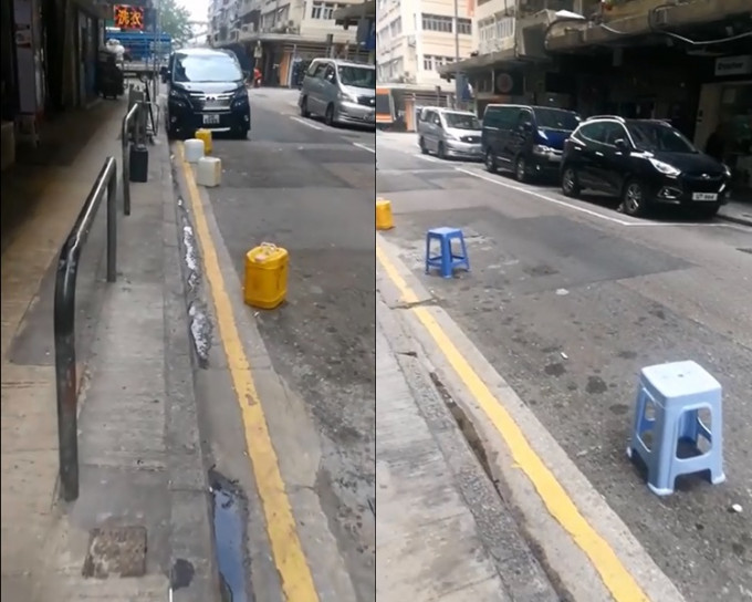 疑似有人以膠櫈及水桶霸佔車位。Facebook 馬路的事討論區 Tong Wong