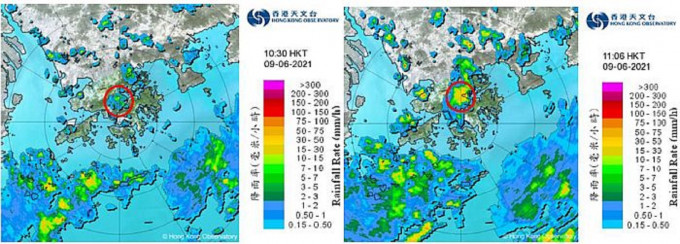 6月9日早上的雷达图像，强雷雨区在大埔市区附近发展。天文台