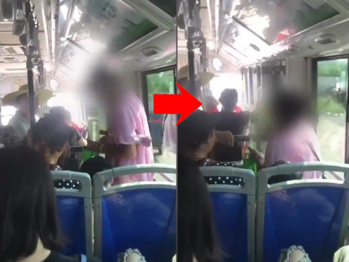巴士没座位，老妇直接坐小童腿上迫让座。(网图)