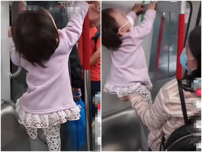 有妈妈任由其一岁半女儿在港铁车厢内攀爬，全程都未有阻止，更拍片与网民分享。影片截图