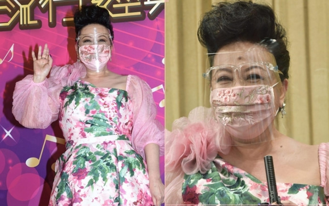 家燕隔離兩星期後，戴住個粉色花花口罩出關錄影《流行經典50年》，一身粉色打扮襯到絕。