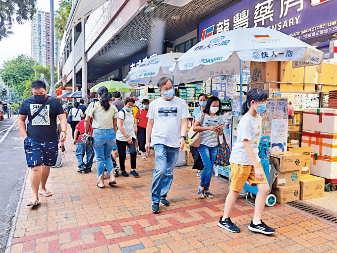 上水旺街雖然不見內地客，惟主要街道人流不絕，區內民生消費力強勁。