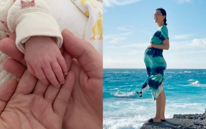 事前沒公布懷孕的陳法拉，貼上大肚照和夫妻跟B女手手照，宣布當媽了。