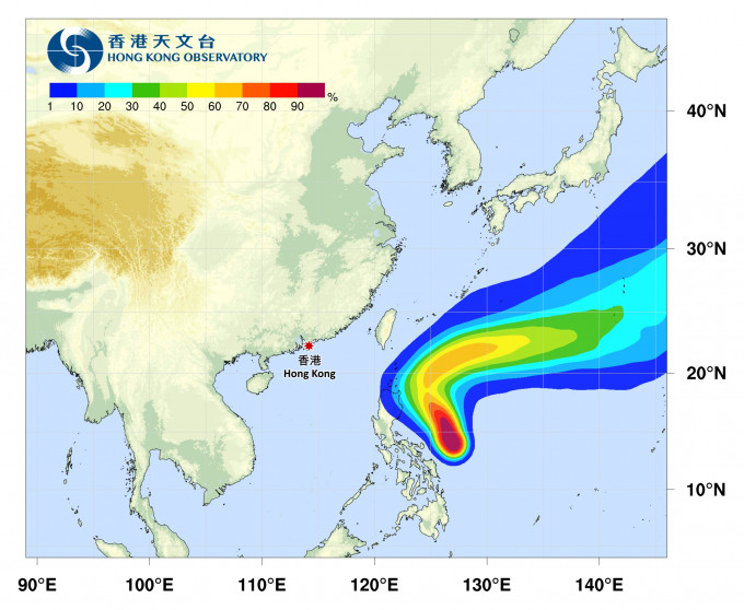舒力基会在未来两三天横过菲律宾以东海域，随后转向东北方向移动，横过日本以南海域。天文台热带气旋路径概率预报