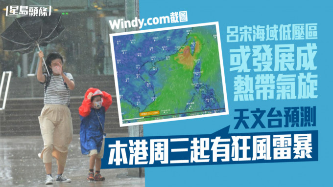 根據Windy.com天氣預報網，熱帶氣旋（橙色）或會進入福建一帶。小圖為Windy.com截圖