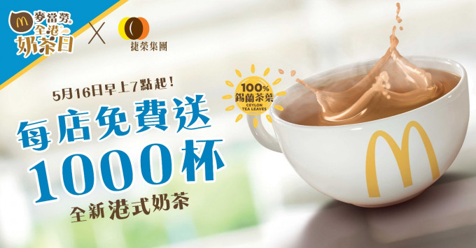麥當勞與捷榮集團合作 周三全港派發1000杯港式奶茶