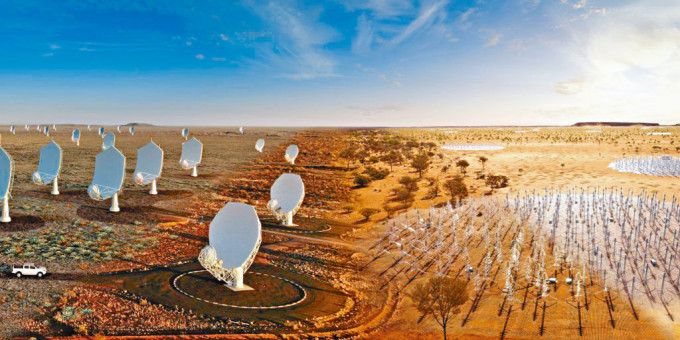 合併圖像顯示未來位於南非的碟形天綫(圖左部分)，及未來位於西澳洲的SKA-Low天綫（對低頻無綫信號敏感）。