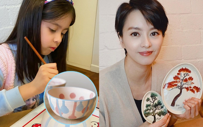 梁詠琪今日在IG分享自己繪畫的小碟子及女兒Sofia繪畫的陶瓷，可見女兒盡得媽媽真傳，很有藝術天份。