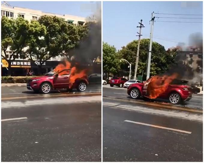 红色汽车起火燃烧并在马路上滑行。片段截图
