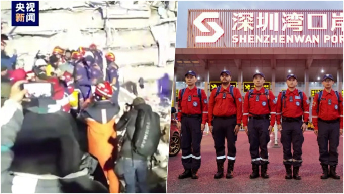 中國救援隊與當地救援隊合作成功救出一名孕婦(左圖)；右圖為深圳先遣組。 微博圖