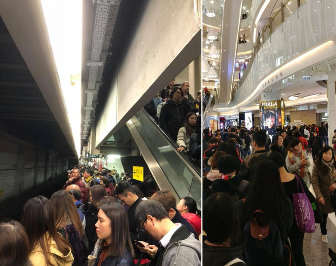 乘客滞留红磡一号月台(左，网民Angela Hung‎ 摄)、旺角东站排队人龙至新世纪广场电梯位（右，网民‎Eric Leung‎ 摄）。