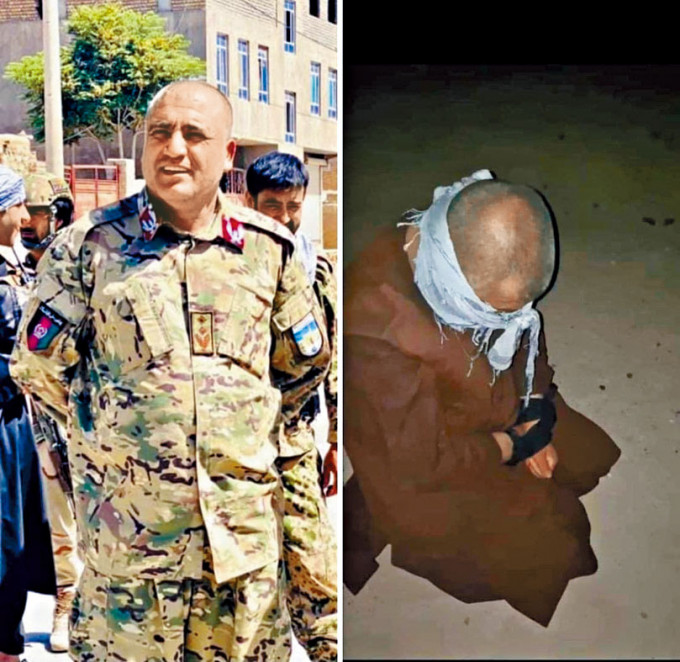 ■被塔利班處決的巴德吉斯省警察局長艾凱克賽蒙眼跪地。