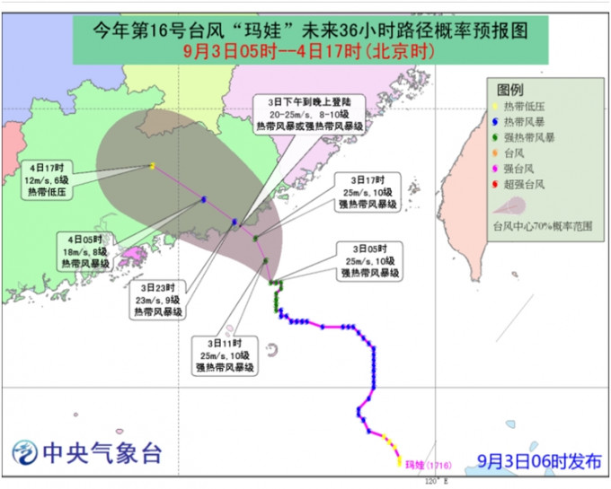 中央气象台早上6时，继续发布台风黄色预警和暴雨蓝色预警。