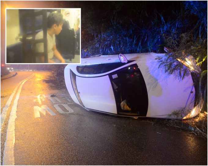 白色平治撞山坡后翻侧。19岁司机（小图）受伤送院。