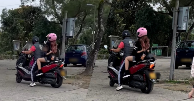 一家三口逼電單車，女童零安全裝備夾中間險象環生。影片截圖