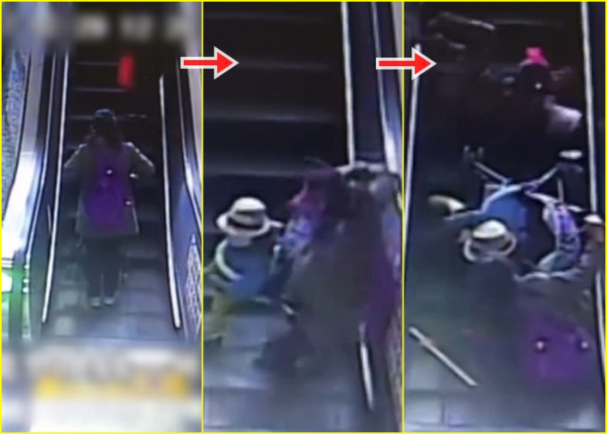 一名母亲推婴儿车上扶手电梯摔倒，祖孙三代在电梯上翻滚，场面惊险。（网上图片）