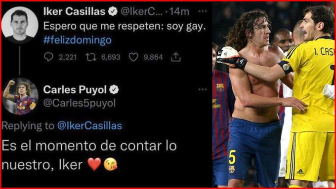 卡斯拿斯（右图右）周日在Twitter发布「出柜」，前西班牙队友佩奥尔（右图左）闹着玩留言，结果亦遭口诛笔伐。