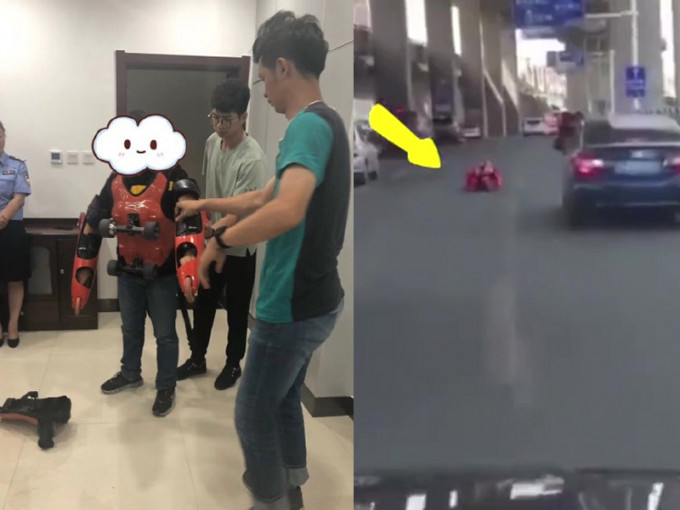 男子身穿红色「滑轮衣」在公路上穿梭滑行，事后被交警问话。（网图）