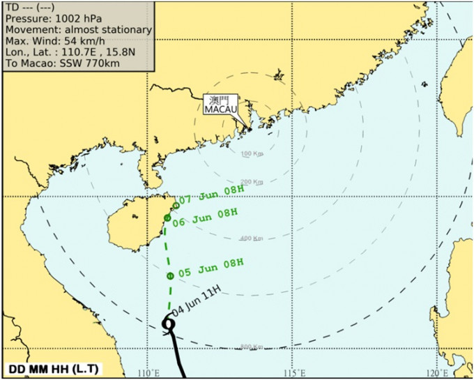 澳門氣象局指熱帶低氣壓移動緩慢，且強度偏弱。澳門氣象局圖片