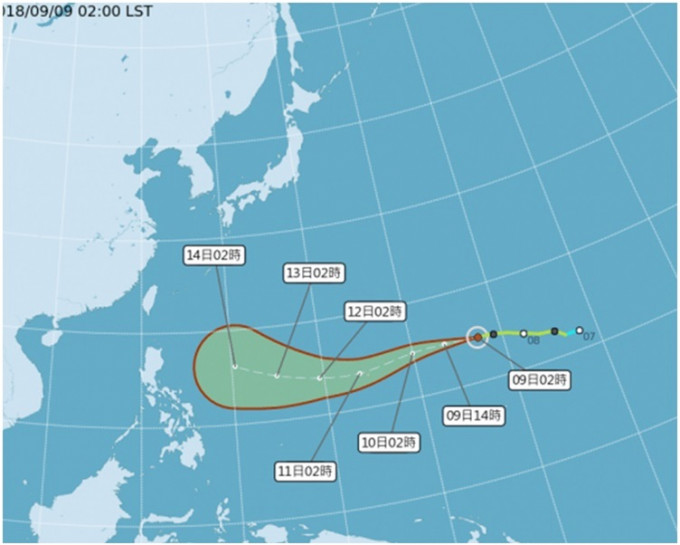 轻度台风 「山竹」以每小时33公里速度，向西进行。图：台湾中央气象局