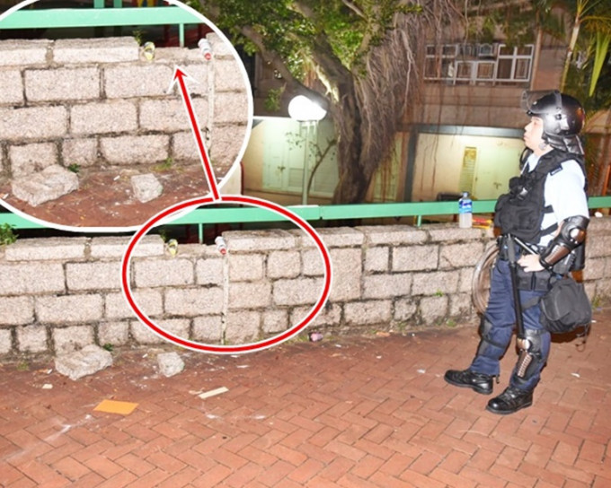 黄大仙下邨对开有石砖围墙怀疑遭撬毁，部分砖块弃于地上。