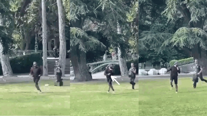 网传影片显示疑凶徒拿着刀在公园草地奔跑。 Twitter@JeanMessiha