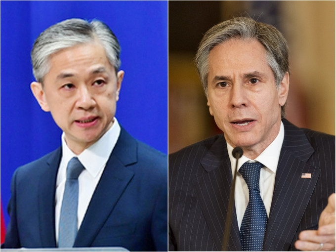外交部發言人汪文斌（左）回應美國國務卿布林肯（右）的言論，促美方停止干預香港事務。網圖、AP資料圖片