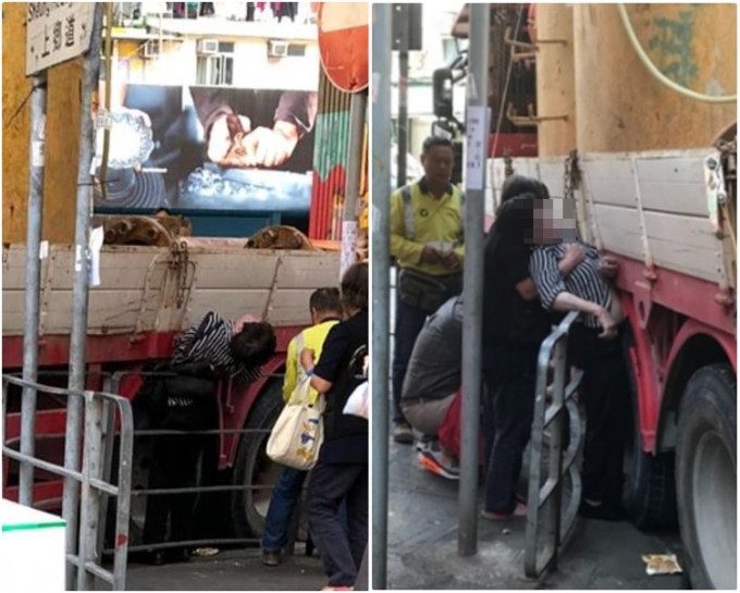女傷者被夾在欄杆與貨車中間。to 巴打絲打 Facebook Club/區議員關浩洋圖片