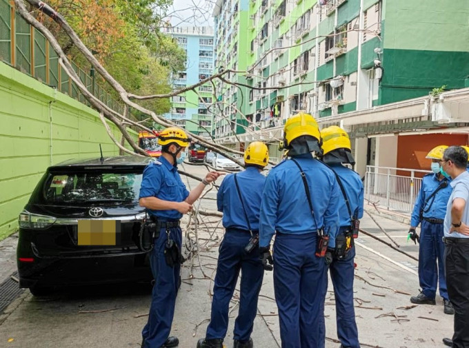 一部私家车被压中。南山邨居民提供图片