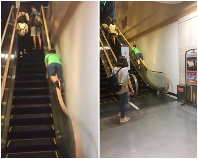 绿衣男子全身趴在扶手电梯上。爆料公社fb片段截图