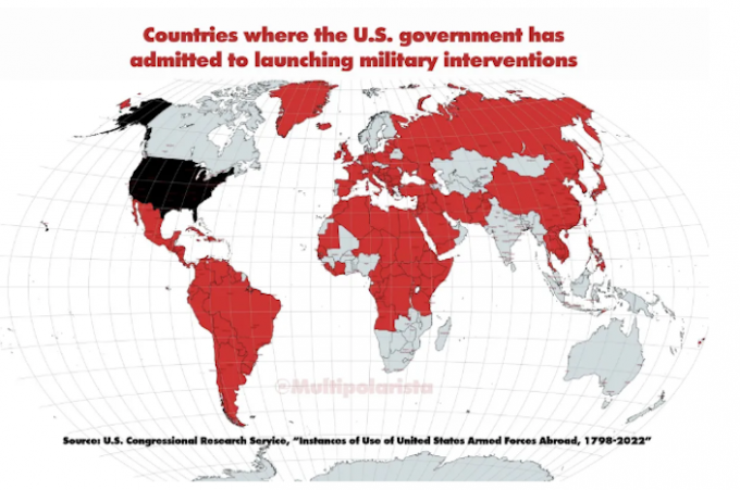 美國承認發動軍事干預的國家地圖。來源：美國國會研究服務部
