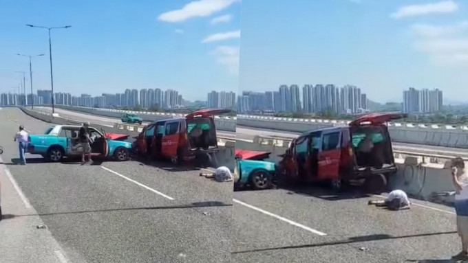 深圳灣公路大橋兩的士相撞。網民Sing Chai  影片截圖