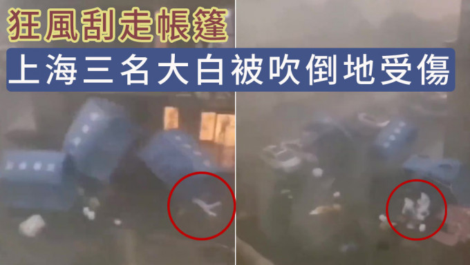 暴雨下3名上海抗疫人员被吹倒滚地，3人受伤。