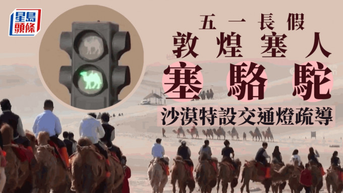 敦煌鸣沙山月牙泉景区设置「骆驼红绿灯」，以维持交通秩序。(央视画面截图)