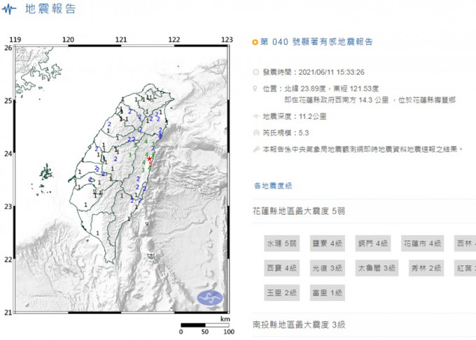 台灣花蓮發生5.3級地震，暫未有傷亡及損毀報告。中央氣象局網站截圖
