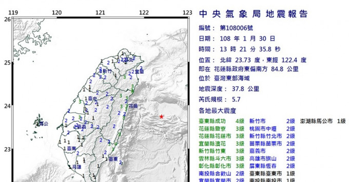 台东下午1时许发生地震。中央气象局