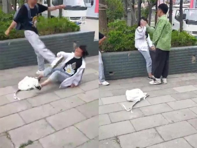 雲南祿豐街頭一名女生遭數名男生毆打。(網圖)