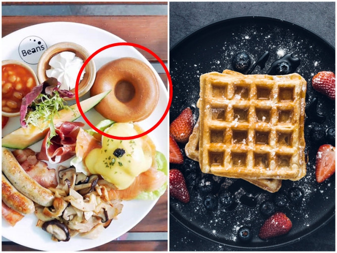 有食客投訴九龍灣一間餐廳的窩夫（左）呈圓形，而非「格仔」狀。
