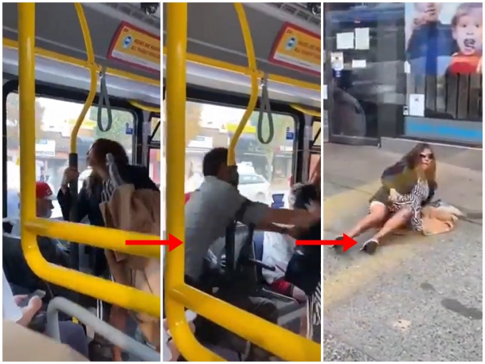 加拿大溫哥華一名大媽在巴士上拒戴口罩，更向一名勸阻她的乘客吐口水，之後被對方踢出車外。