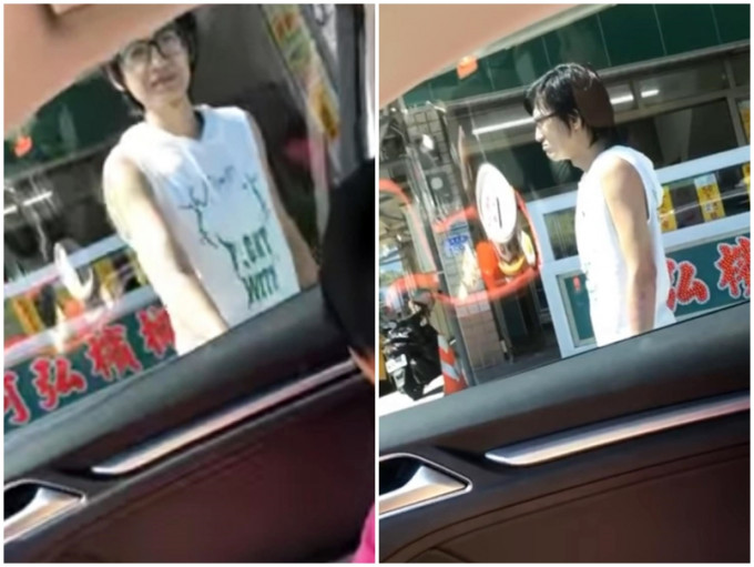 台湾一名男子不断伸手拉后座车门把，期间更露出诡异的微笑。网图