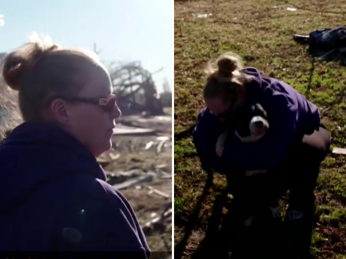龙卷风毁家园，美国妇人瓦砾中终寻回爱犬喜极而泣。网图