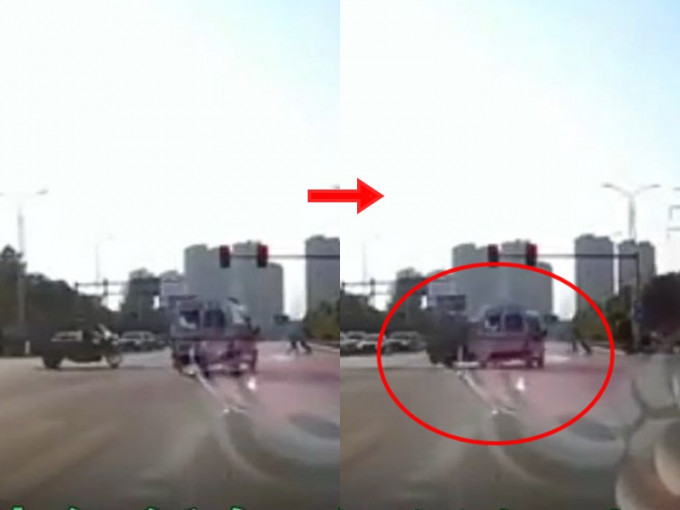 救護車因「闖紅燈」與一輛三輪車相撞。影片截圖