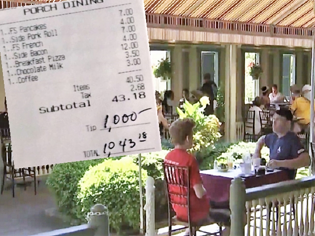 美国新泽西州一家餐厅获熟客给多一千美元贴士。网图